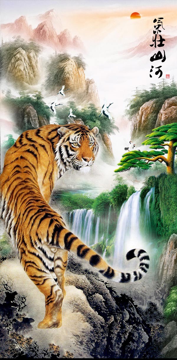 辦公室設計掛虎畫，上山虎和下山虎那種更適合